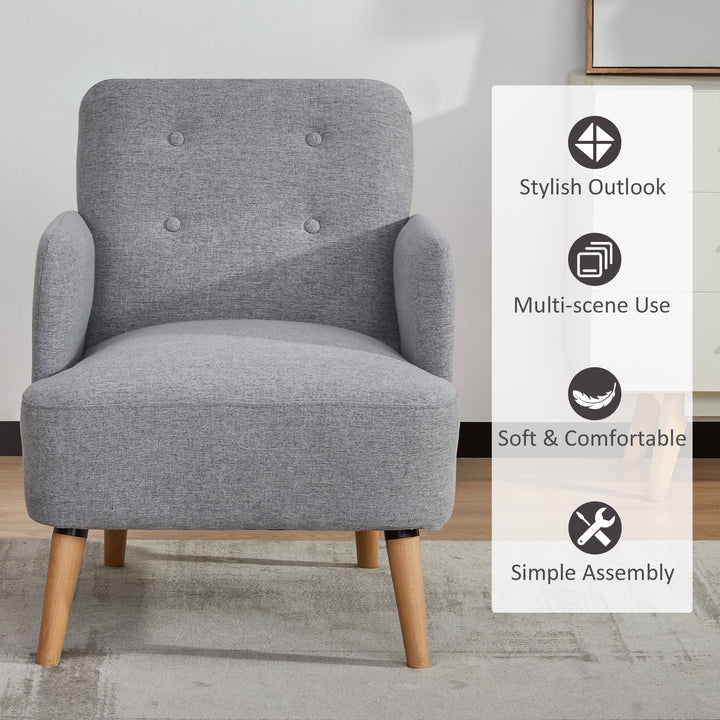 Upholstered Armchair, Nature Wood Frame Living Room Chairs with Birch Wood Legs &amp; Thick Padding Seat and Button Mid-Back, Light Grey