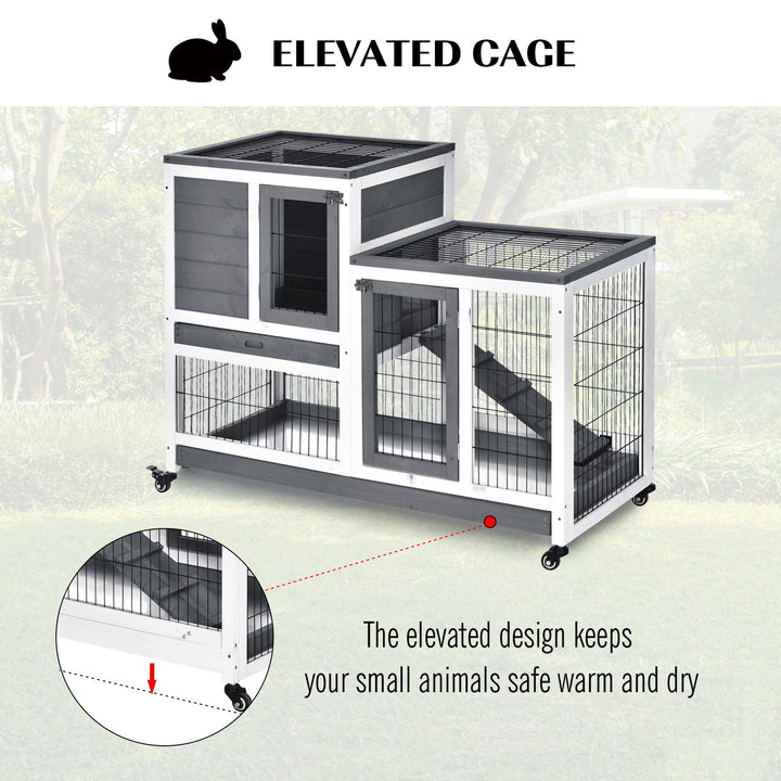 PawHut Wooden Indoor Guinea Pigs Hutches Elevated Cage Habitat with Enclosed Run with Wheels, Ideal for Rabbits and Guinea Pigs, Grey and White