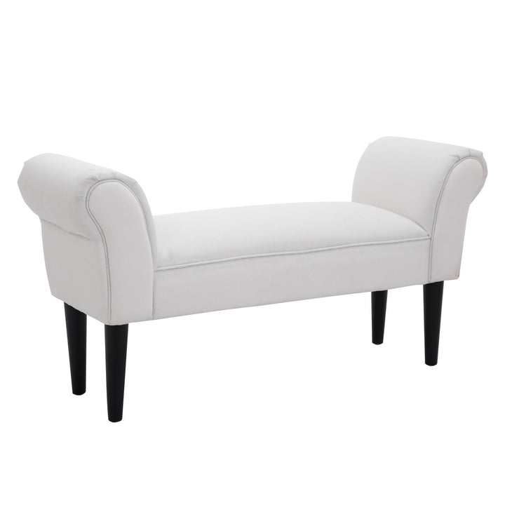 Small-sized Bed End Side Chaise Lounge Sofa Window Seat Arm Bench Wooden Leg Fabric Cover (White)