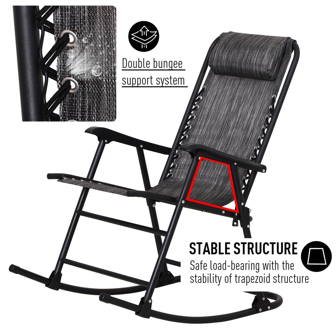 Garden Rocking Chair Folding Outdoor Adjustable Rocker Zero-Gravity Seat with Headrest Camping Fishing Patio Deck - Grey