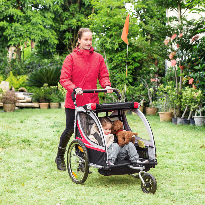 Child Bike Trailer 2 In 1 Baby Stroller 2-Seater Transport Carrier with Brake, 5 Point Harness, Storage Bag, Reflector, Flag, Red