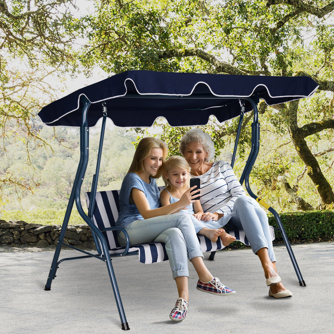 3 Seater Garden Swing Chair_ Outdoor Garden Bench with Adjustable Sun Cover and Metal Frame - Blue Stripes