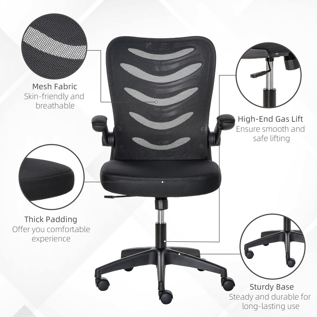 Vinsetto Mesh Swivel Chair for Home Task Desk Chair with Lumbar Back Support, Flip-Up Arm, Adjustable Height, Black