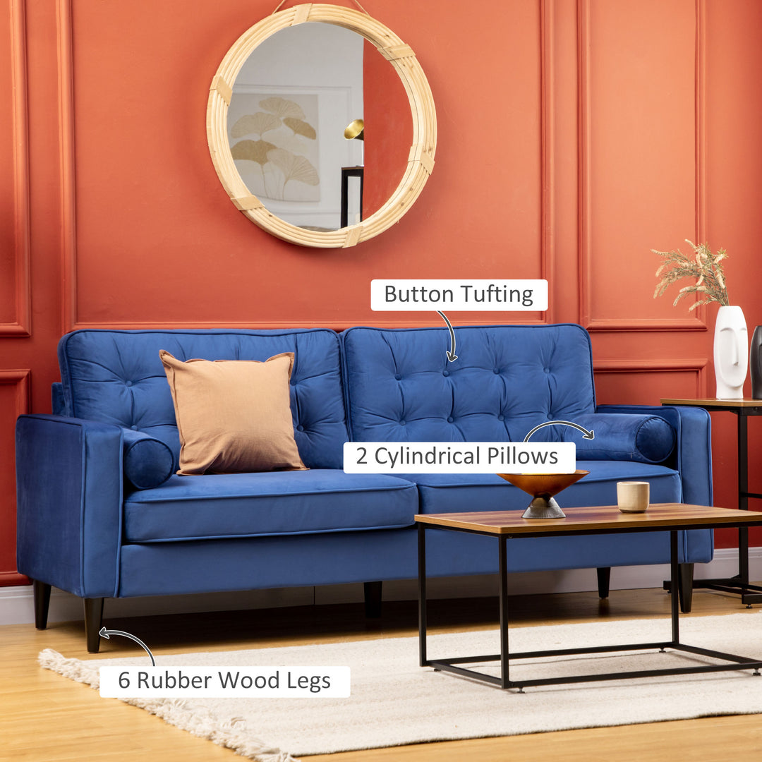 Mid-Century 3-Seater Sofa, 204 cm Sofa Couch with Button-Tufted Back Cushion, Velvet Feel Fabric Upholstery for Living Room, Bedroom Blue