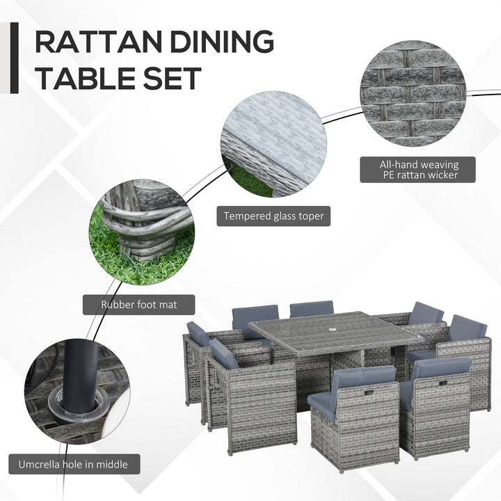 Outsunny Patio 8-Seater Rattan Dining Table Chair Set Garden Wicker Cube Sofa Furniture w/ Umbrella Hole Table for Indoor &amp; Outdoor Mixed Grey