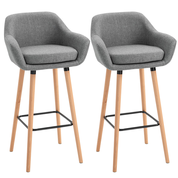 Set of 2  Bar Stools Modern Upholstered Seat Bar Chairs w/ Metal Frame, Solid Wood Legs Living Room Dining Room Fabric Furniture - Grey