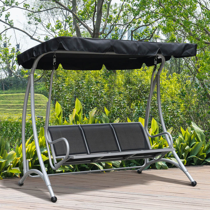 Outsunny 3 Seater Bench Steel Outdoor Patio Porch Swing Chair with Adjustable Canopy - Black