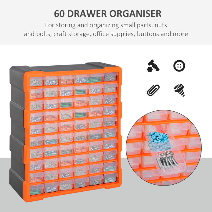 60 Drawers Parts Organiser Wall Mount Storage Cabinet Garage Small Nuts Bolts Tools Clear Orange