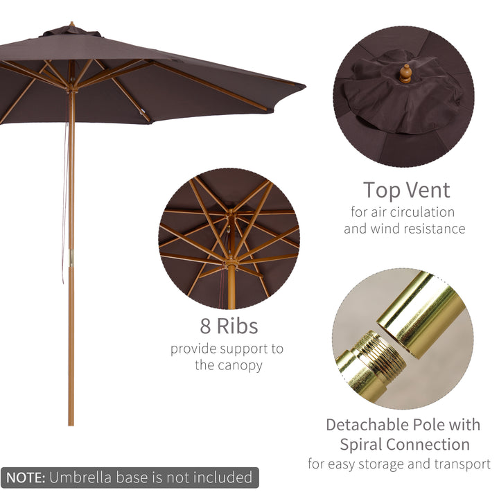 Outsunny ⌀3m Bamboo Wooden Market Patio Umbrella Garden Parasol Outdoor Sunshade Canopy, 8-ribs,Coffee