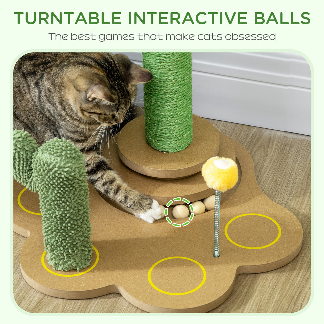 PawHut 60cm Cactus-shaped Cat Tree, Kitty Activity Center with Turntable Interactive Ball Toys, Chenille Cat Tower with Sisal Scratching Post, Green