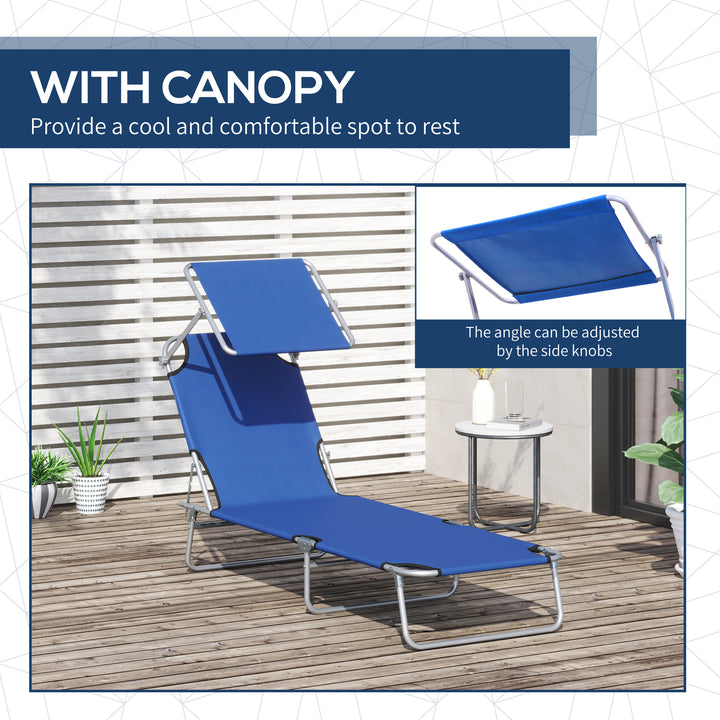 Outsunny Reclining Chair Folding Lounger Seat Sun Lounger with Sun Shade Awning Beach Garden Outdoor Patio Recliner Adjustable, Blue