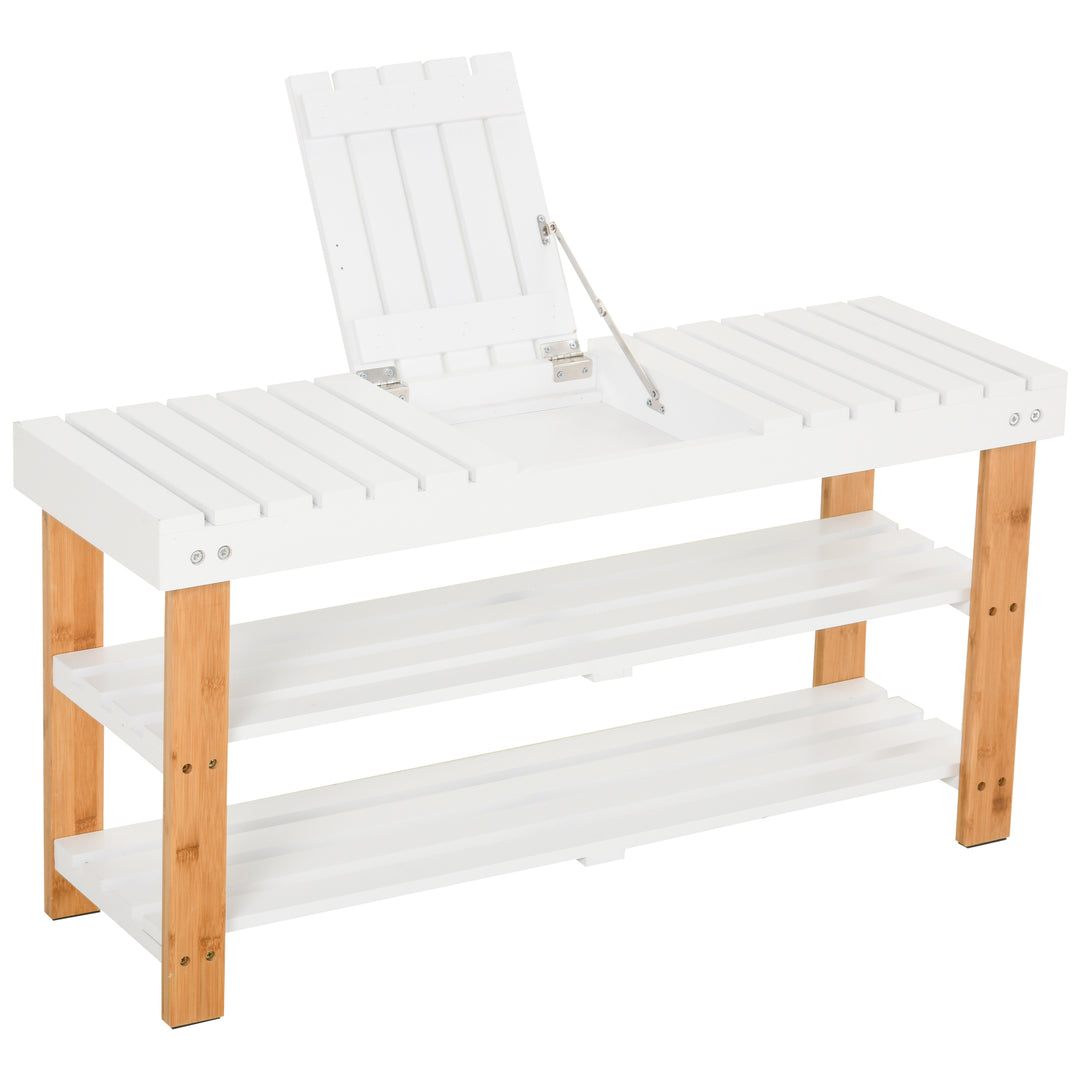 Shoe Bench, 3-Tier Wooden Shoe Rack with Hidden Storage Compartment, Slatted Shelves, Home Storage Unit, Natural, 90L x 29W x45H cm
