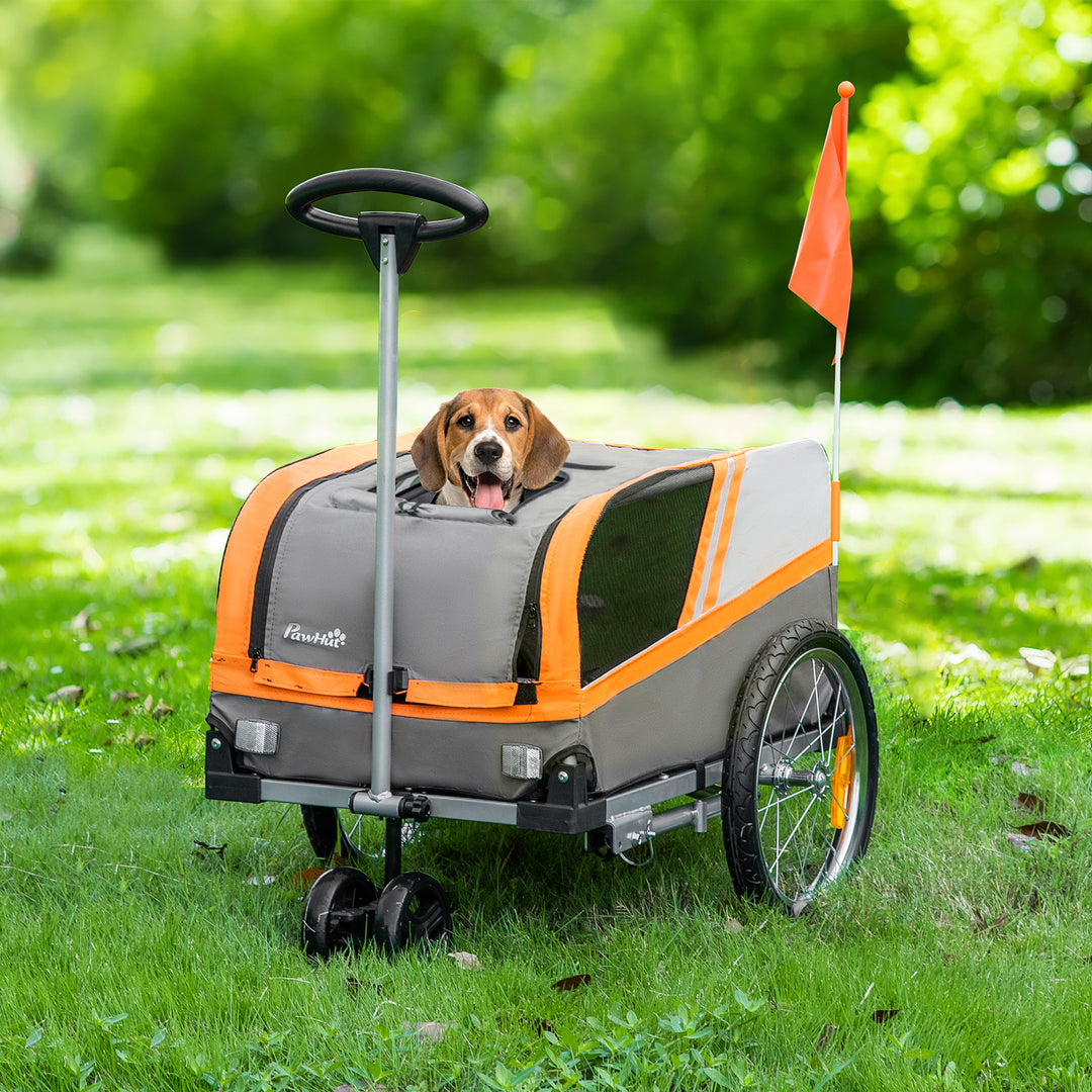 Dog Bike Trailer Two-In-One Trolley Stroller Cart Bicycle Carrier for Cat Puppy Travel w/ Reflectors Red Flag - Orange