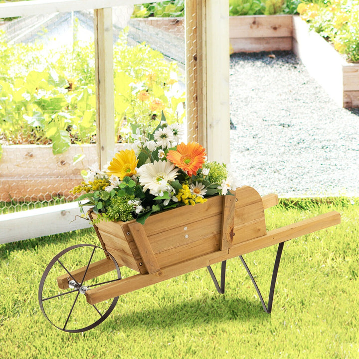 Wooden Wagon Planter Stand Wheelbarrow Flower Cart Garden Decoration-Coffee