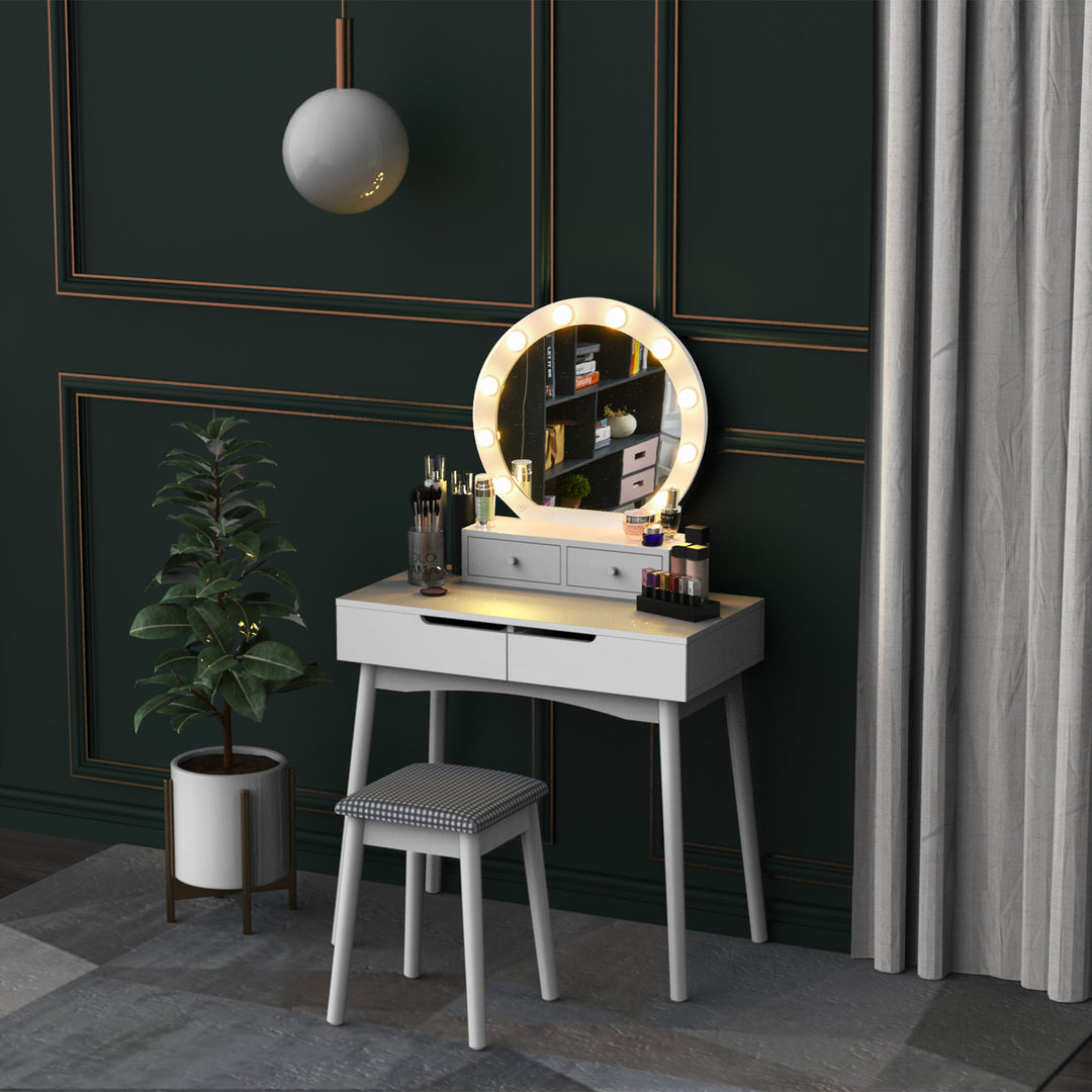 Dressing Table Set with LED with Table Stool Table Stool Set Makeup Dresser Desk with 4 Drawers for Bedroom White
