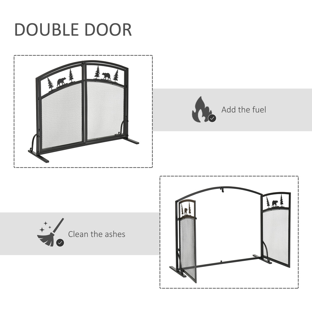 Fire Guard with Double Doors, Metal Mesh Fireplace Screen, Spark Flame Barrier with Tree Decoration for Living Room, Bedroom Decor