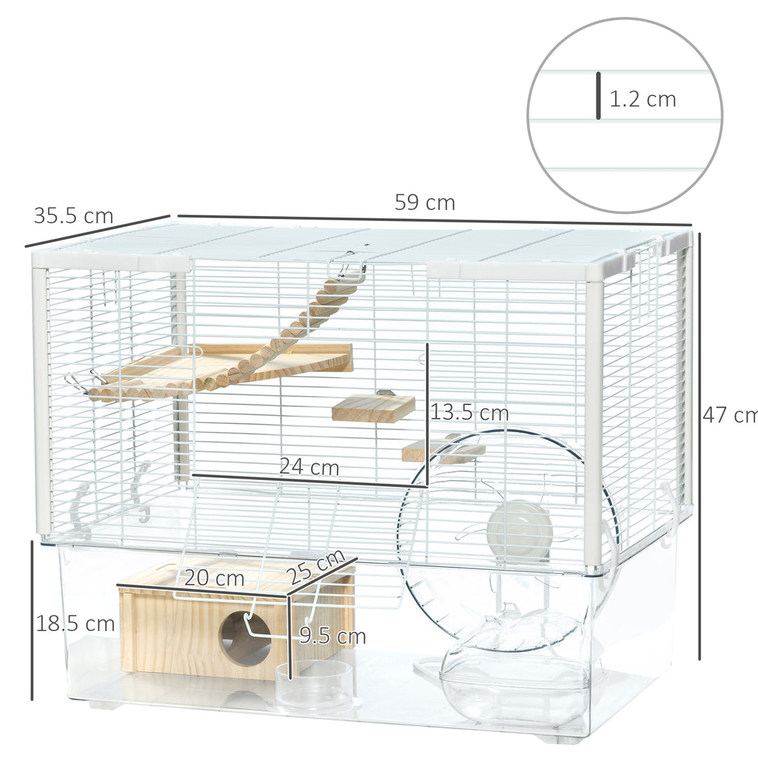 Hamster Cage, Gerbilarium Cage, Wooden Ramp, Exercise Wheel, Food Bowl, Natural Tone and White