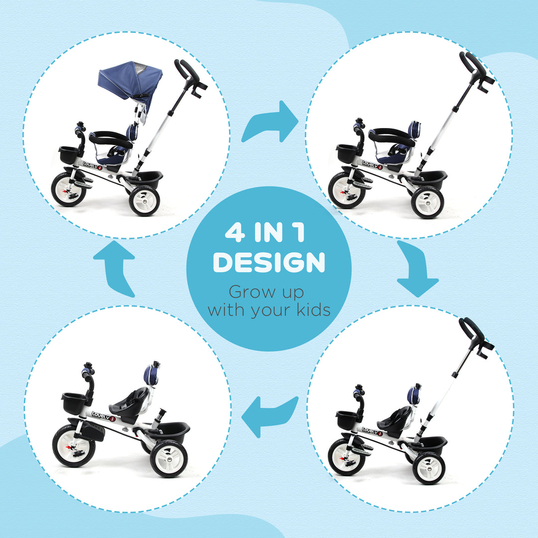 4-in-1 Tricycle 3 Wheels Baby Pedal Trike w/ Canopy for Ages over 18 Months Toddler, Blue