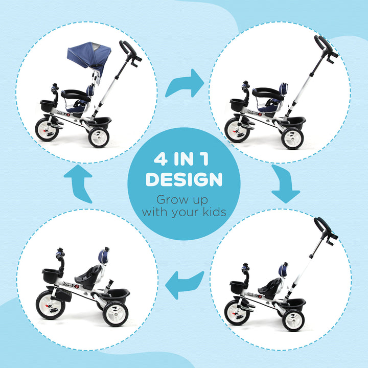 4-in-1 Tricycle 3 Wheels Baby Pedal Trike w/ Canopy for Ages over 18 Months Toddler, Blue