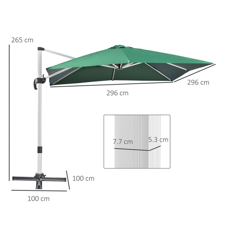 3 x 3(m) Cantilever Parasol, Square Garden Umbrella with Cross Base, Crank Handle, Tilt, 360° Rotation and Aluminium Frame, Green