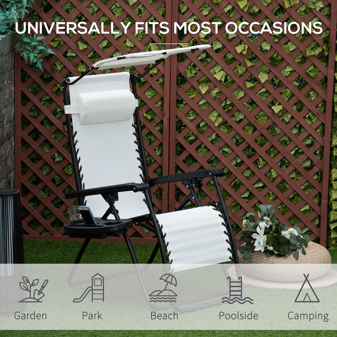 Outsunny Zero Gravity Garden Deck Folding Chair Patio Sun Lounger Reclining Seat with Cup Holder & Canopy Shade - White