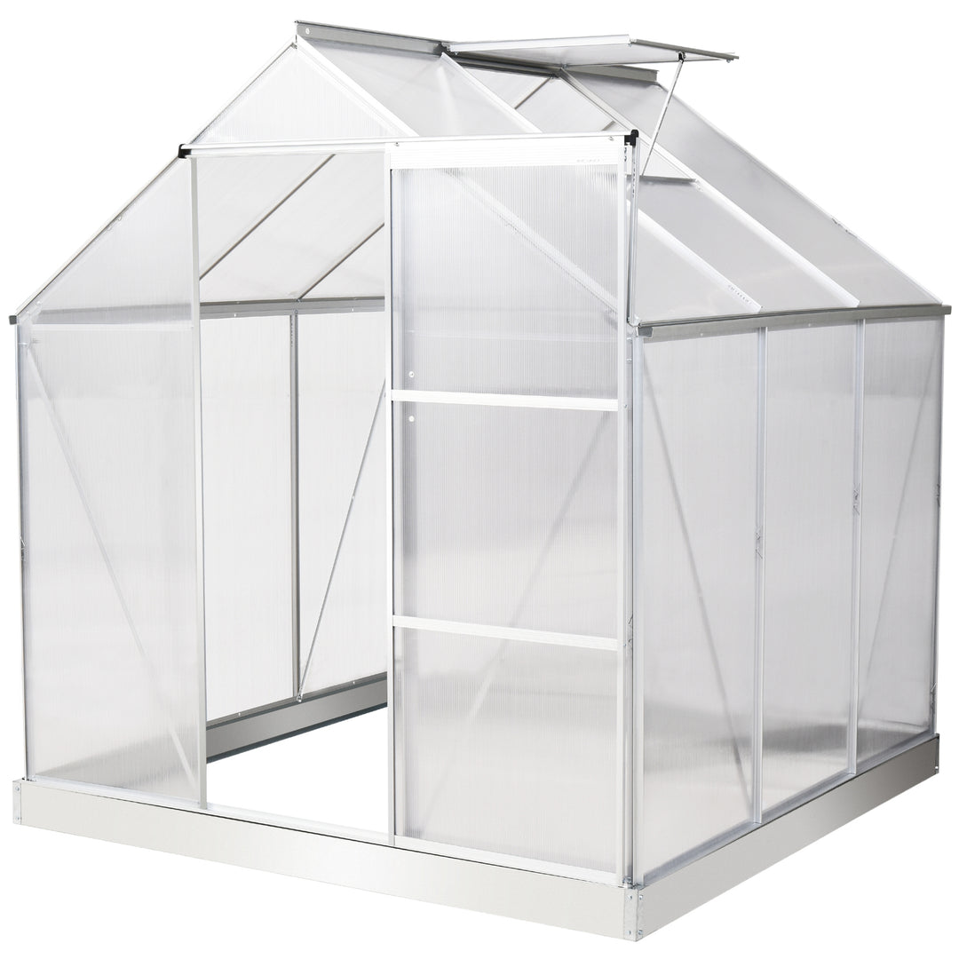 6 x 6 ft Walk-In Greenhouse Polycarbonate Lean to Greenhouse Grow House w/ Aluminium Frame, Sliding Door, Adjustable Window