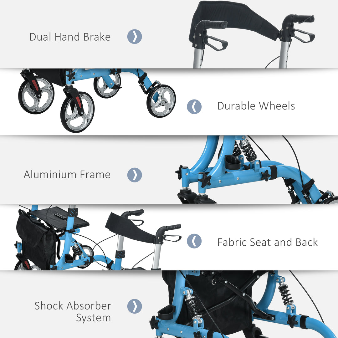 4 Wheel Rollator with Seat and Back, Lightweight Folding Mobility Walker with Large Wheels, Carry Bag, Adjustable Height, Aluminium Walking Frame with Dual Brakes for Seniors, Blue