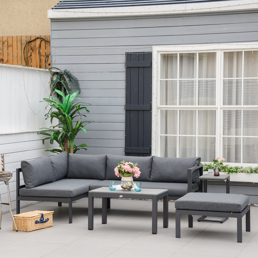 5-Piece L-shaped Garden Furniture Set, Aluminium Conversation Set, Corner Sofa Set with Coffee Table End Table Cushions, Grey Frame