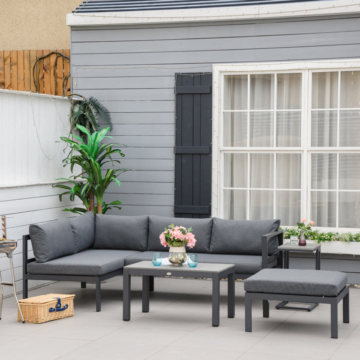 5-Piece L-shaped Garden Furniture Set, Aluminium Conversation Set, Corner Sofa Set with Coffee Table End Table Cushions, Grey Frame