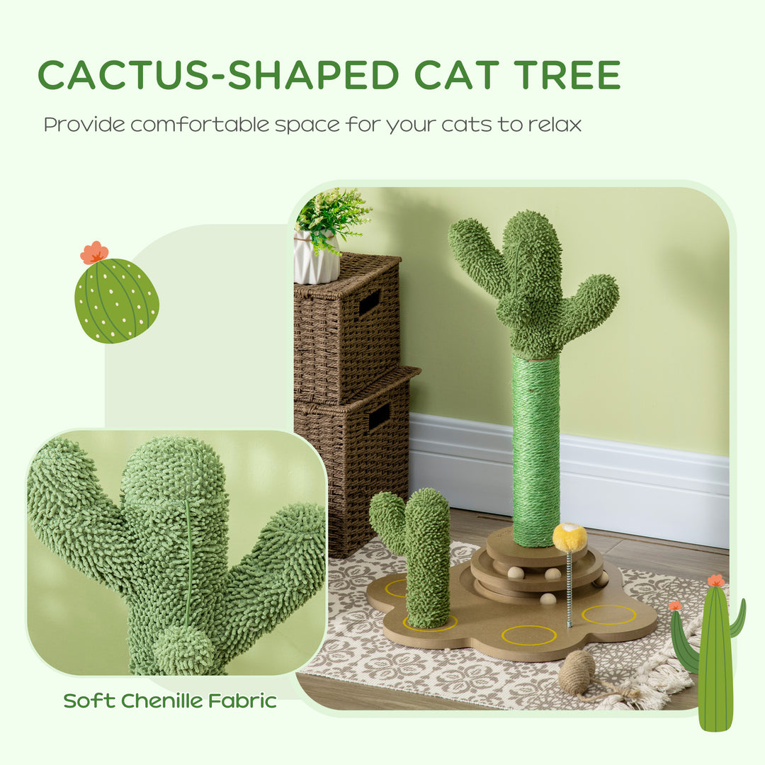 PawHut 60cm Cactus-shaped Cat Tree, Kitty Activity Center with Turntable Interactive Ball Toys, Chenille Cat Tower with Sisal Scratching Post, Green