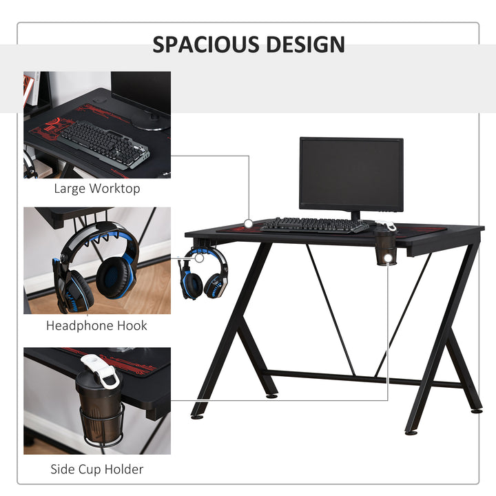 Gaming Desk Computer Table Metal Frame with Cup Holder, Headphone Hook, Cable Hole, Black