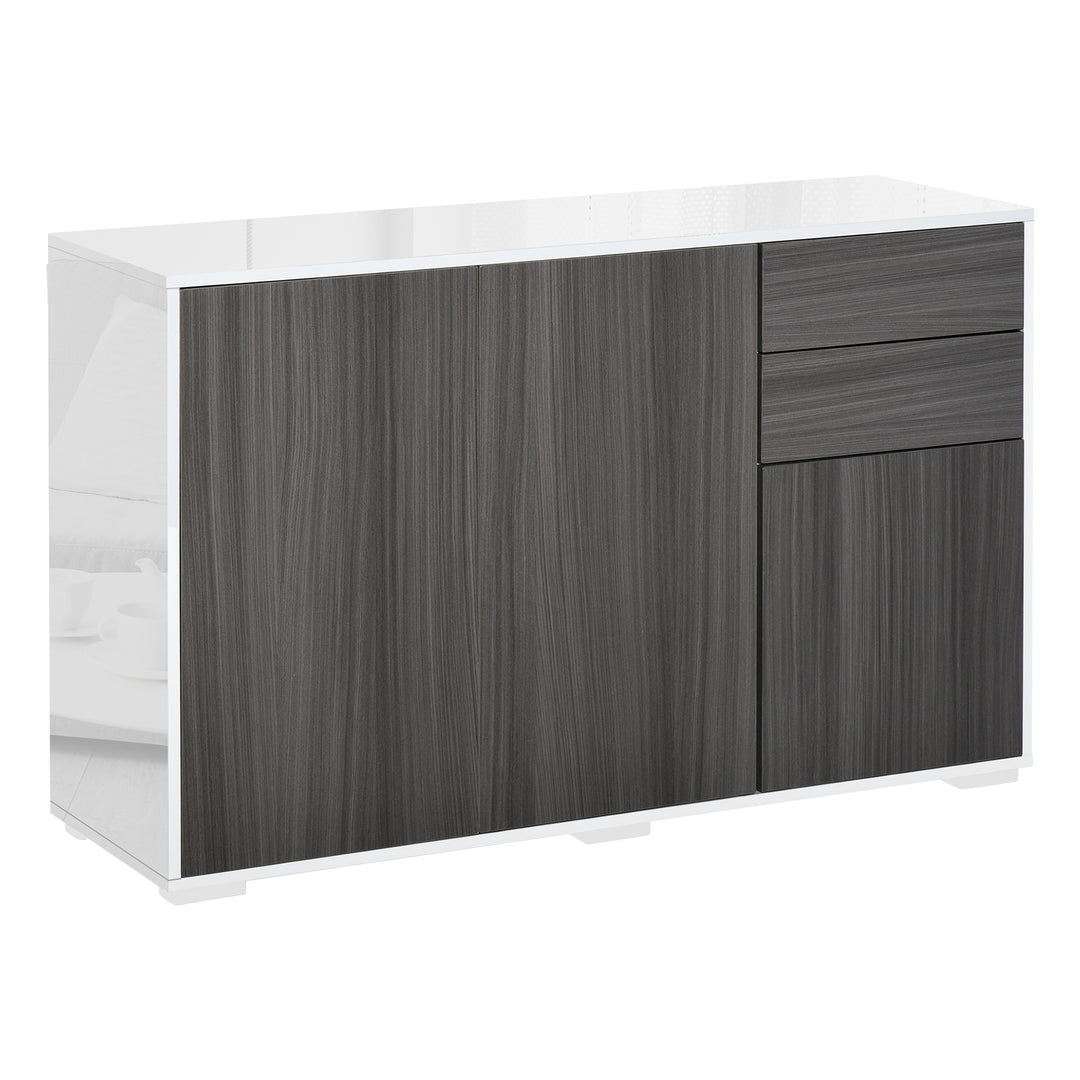 High Gloss Sideboard, Side Cabinet, Push-Open Design with 2 Drawer for Living Room, Bedroom, Light Grey and White
