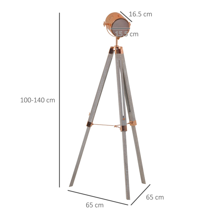 Industrial Tripod Floor Lamp, Nautical Searchlight with Adjustable Height, Wood Legs, E12 Lamp Base for Living, Bedroom, Grey and Rose Gold