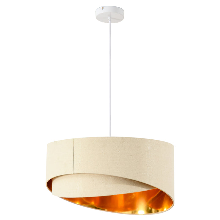Modern Pendant Light with Adjustable Hanging Chain and Two Bevel Nested Lampshade, Metal Chandelier for Living Room, Bedroom, Beige and Gold