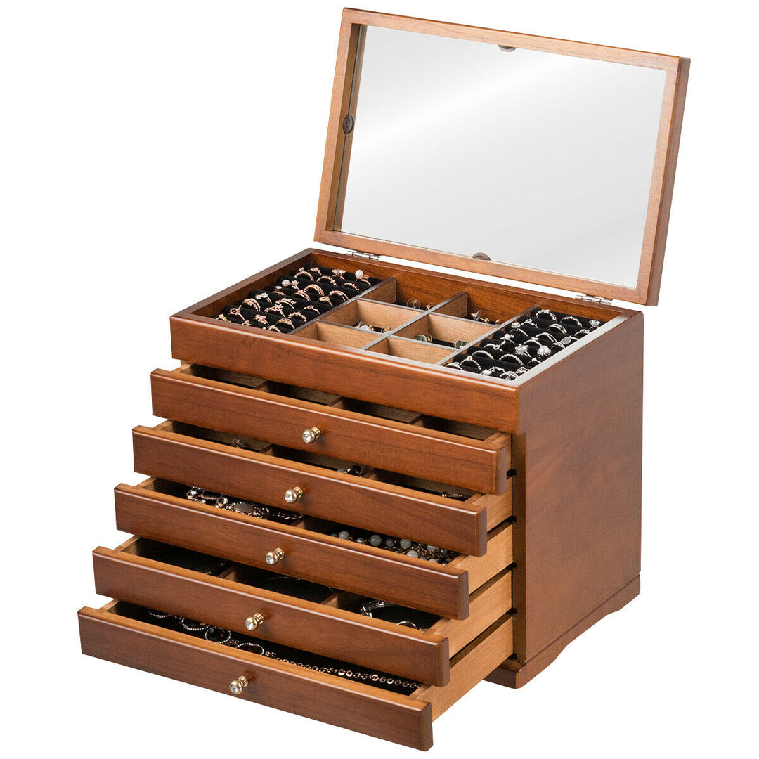 Wooden Jewellery Box  with 5 Drawers and Mirror-Brown