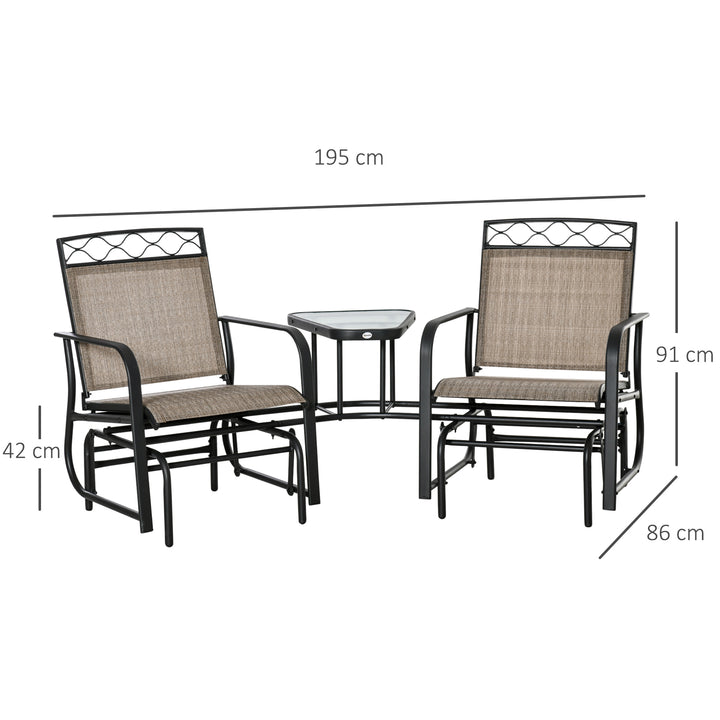 Outsunny Double Outdoor Glider Chair, 2 Seater Patio Rocking Chairs, Swing Bench w/ Tempered Glass Table, Mesh Fabric for Backyard, Garden, Brown