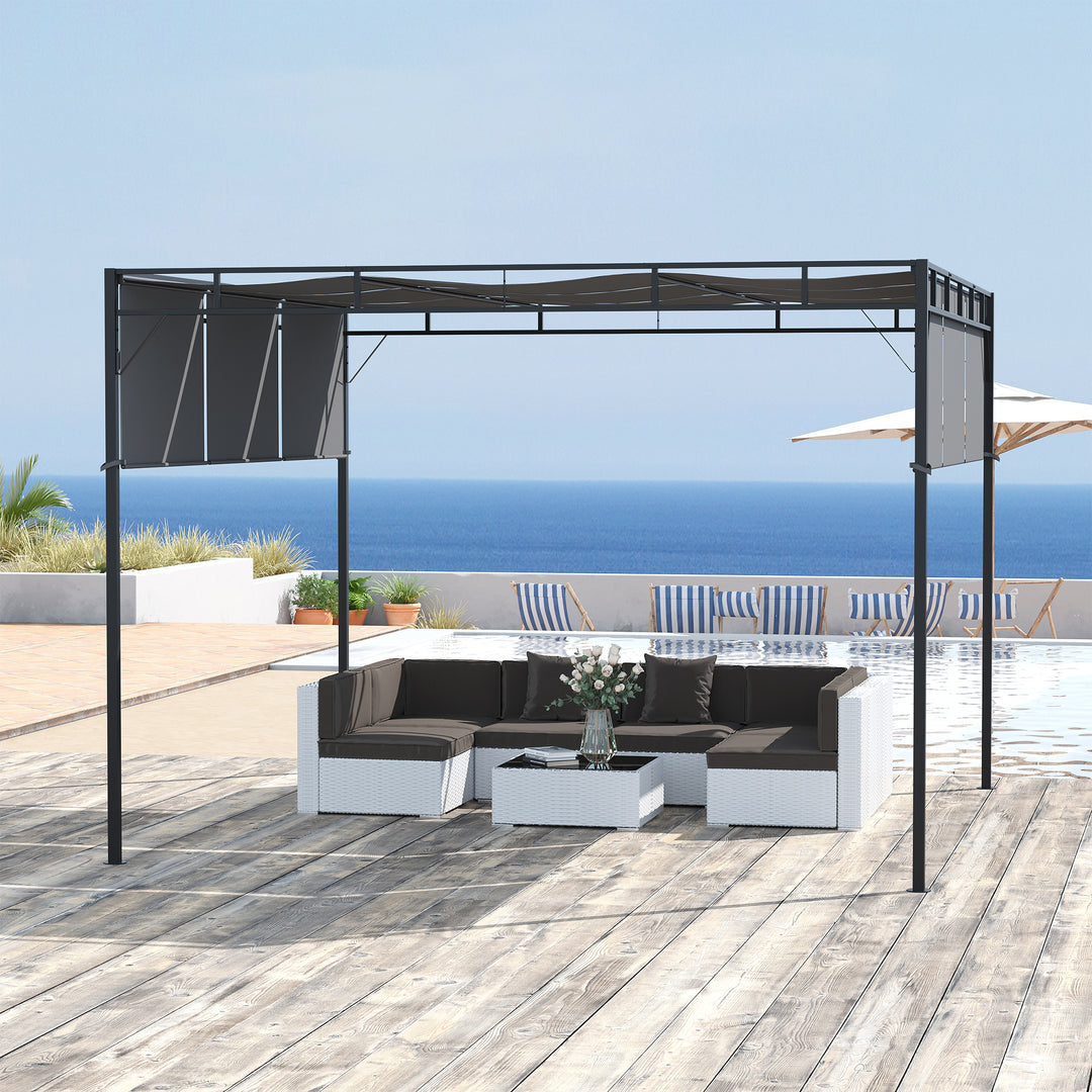 Outsunny 3 x 3(m) Steel Pergola Gazebo Garden Shelter with Retractable Roof Canopy for Outdoor, Patio, Dark Grey
