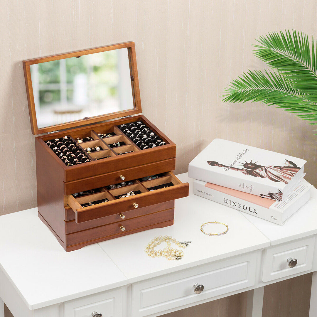 Wooden Jewellery Box  with 5 Drawers and Mirror-Brown