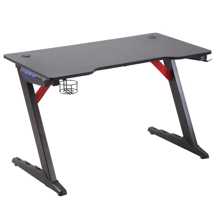 HOMCOM Racing Style Gaming Desk with LED Lights, Z-Shaped Computer Table Workstation with Cup Holder, Headphone Hook for Study, Home Office, Black