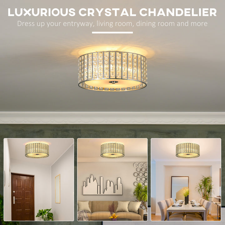 Modern K9 Crystal Chandelier Ceiling Light with Double Layer Lampshade, Round Pendant Light for Living Room, 4 G9 Bulbs Required, Φ35 cm