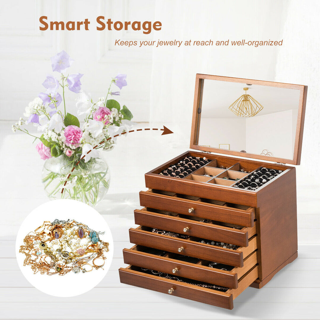 Wooden Jewellery Box  with 5 Drawers and Mirror-Brown