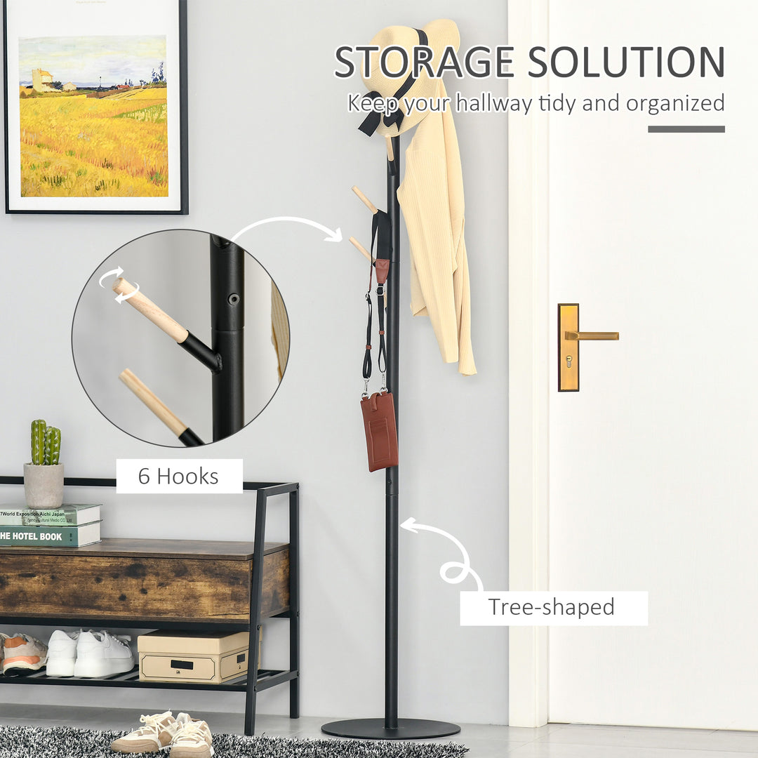 174cm Free Standing Coat Rack Stand with 6 Hooks Clothes Tree Hat Display Hall Tree Hanger Hanging Organizer for Hallway Bedroom Room Black