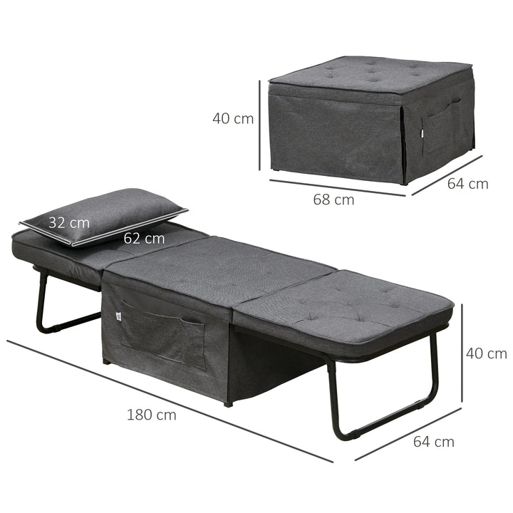 Folding Sofa Bed, Fabric Sleeper Chair Bed with Adjustable Backrest, Pillow, Side Pocket for Home Office, Bedroom, Living Room, Charcoal Grey
