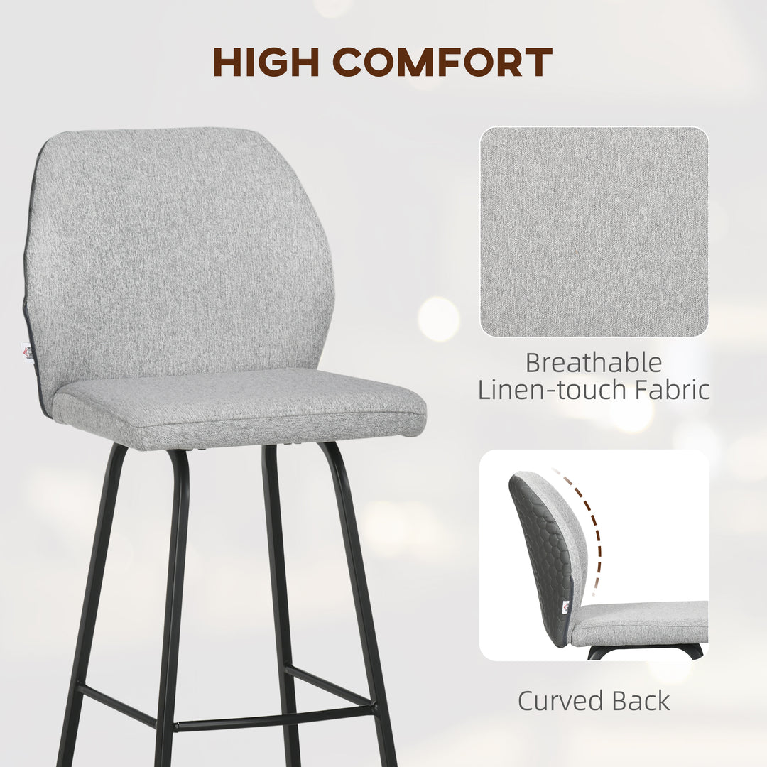 Bar Stools Set of 2, Linen-Touch Upholstered Bar Chairs, Kitchen Stools with Backs and Steel Legs, Light Grey