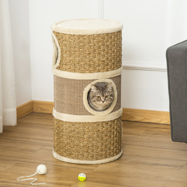 PawHut Cat Scratching Barrel Kitten Tree Tower Pet Furniture Climbing Frame Covered with Sisal and Seaweed Rope Cozy Platform Soft Plush