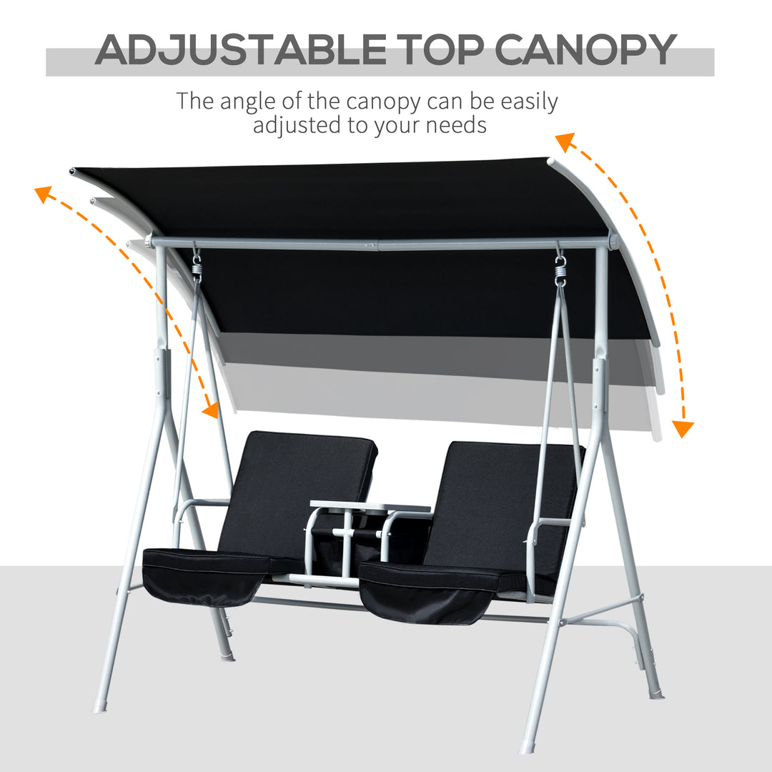 2 Seater Garden Swing Chair Patio Rocking Bench w/ Tilting Canopy, Double Padded Seats, Storage Bag and Tray, Black