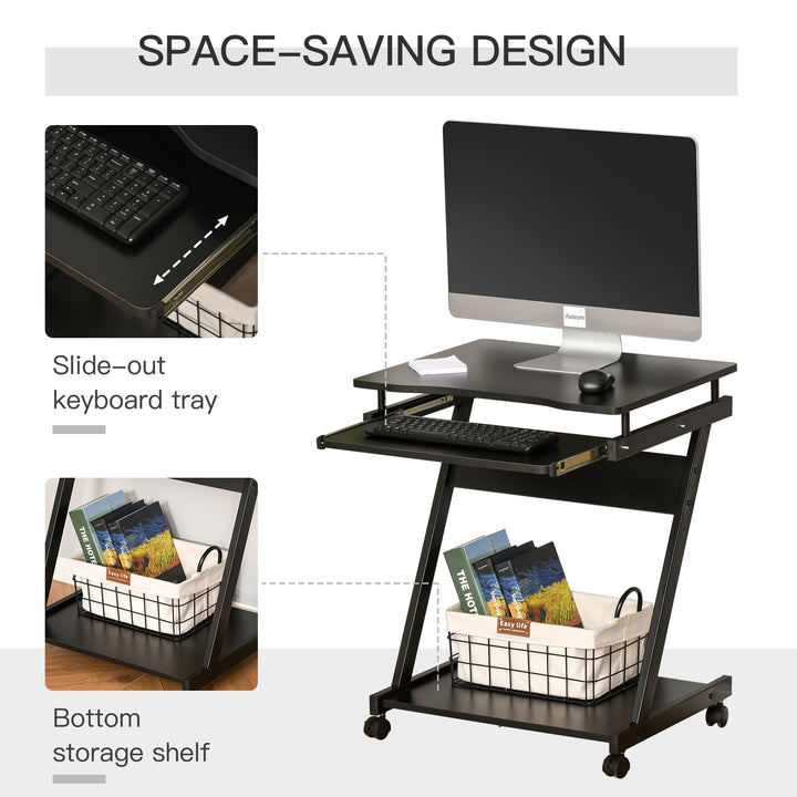 HOMCOM Movable Compact Small Computer Desk with 4 Moving Wheels Sliding Keyboard Tray Home Office Gaming Study Workstation Black