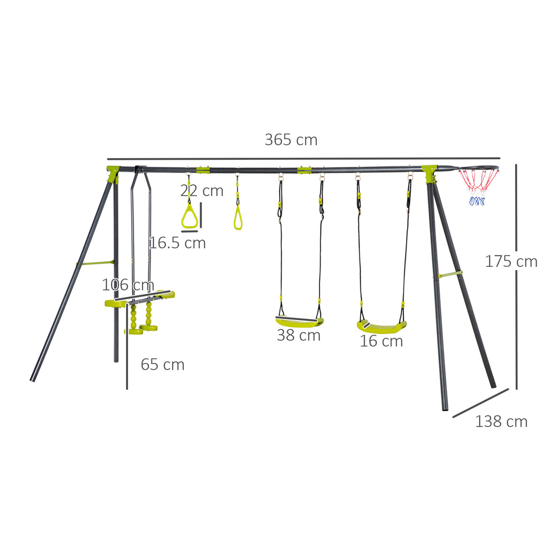Kids Swing Set for Backyard, Outdoor Play Equipment, w/ Adjustable Swing Seats, Seesaw, Basket Hoop, A-Frame Metal Stand for Ages 3-10 Years
