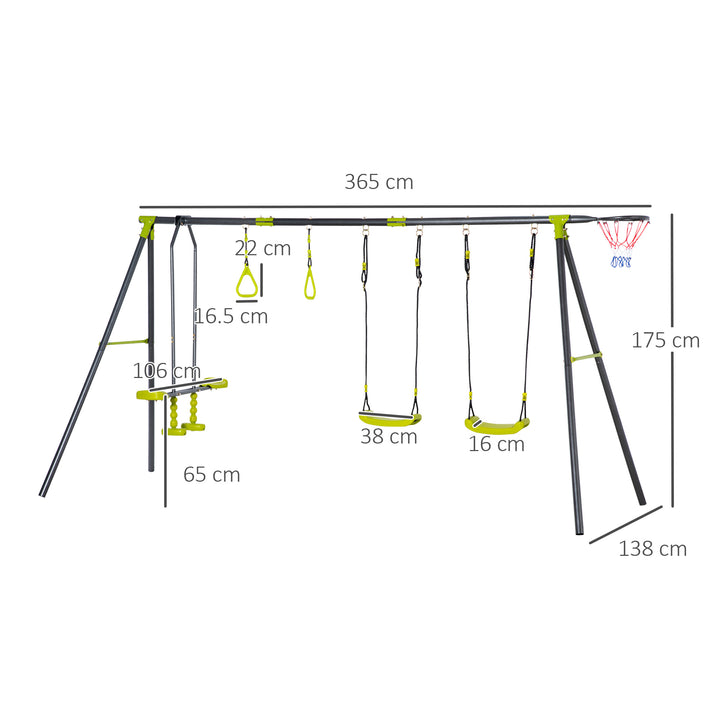Kids Swing Set for Backyard, Outdoor Play Equipment, w/ Adjustable Swing Seats, Seesaw, Basket Hoop, A-Frame Metal Stand for Ages 3-10 Years