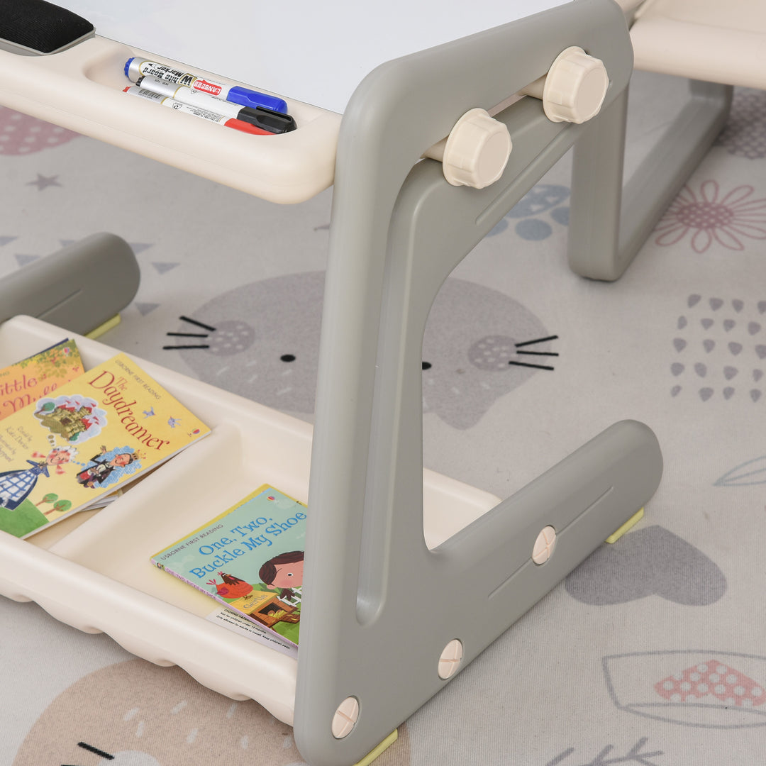 Kids Study Table and Chair Set 2-In-1 Design Drawing Board Writing Desk with Whiteboard Pens Eraser Storage Tray Toddlers Grey/White